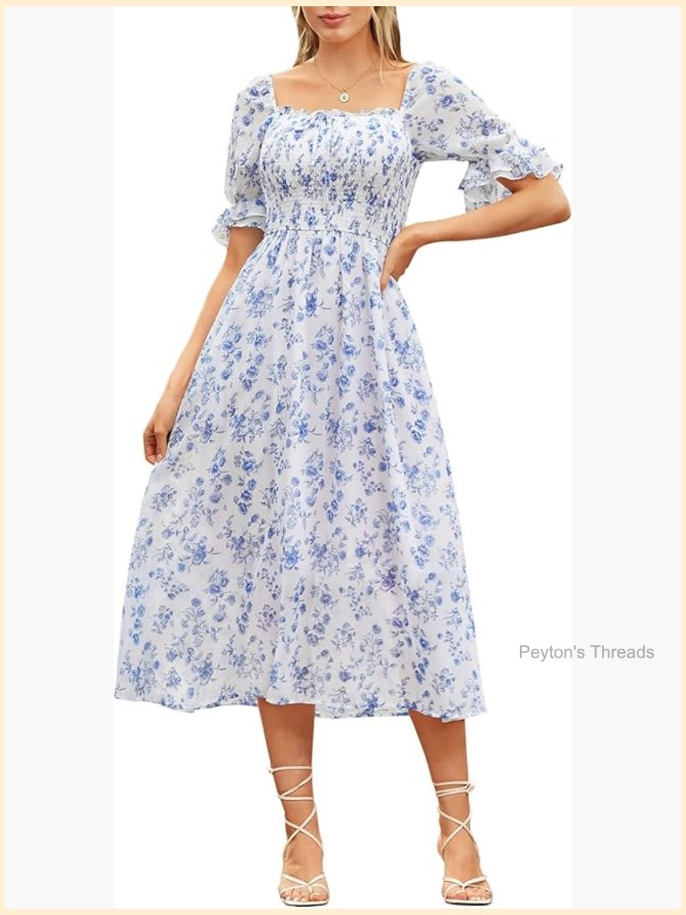 Smocked Midi Dress With Pockets Cottagecore Square Neck Flowy